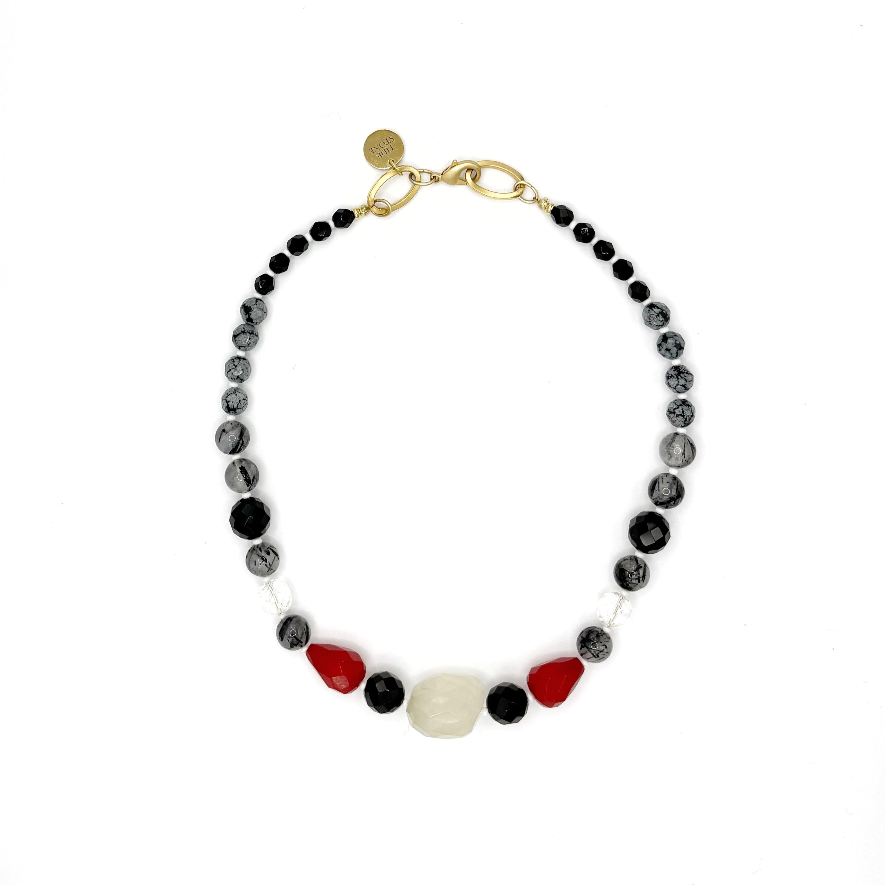 Collar Sol de Tarde artesanal de cuarzo limón, ónix negro y ágata roja — TIDE STONE España