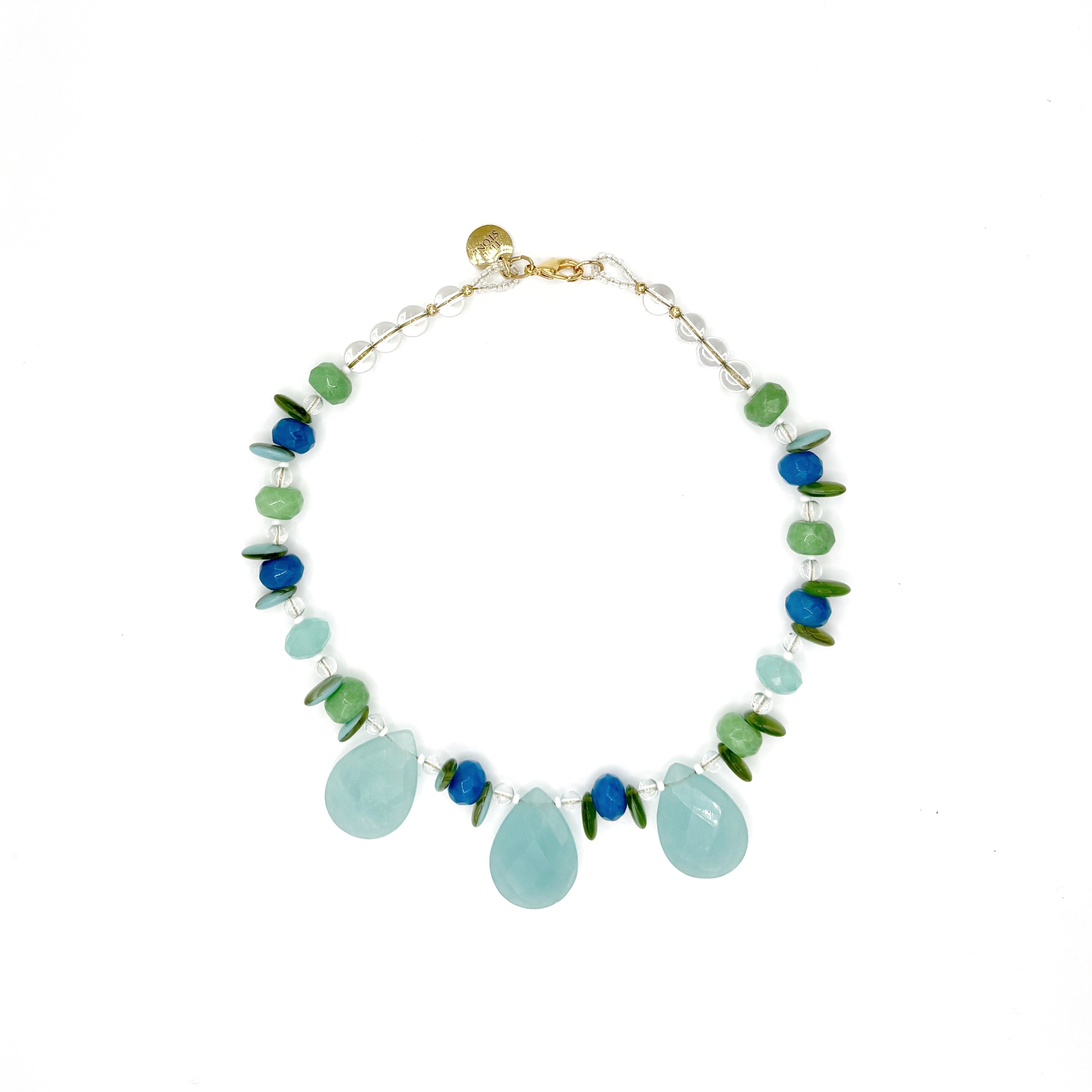 Collar Aguamar artesanal de calcedonia azul y cristal transparente — TIDE STONE España