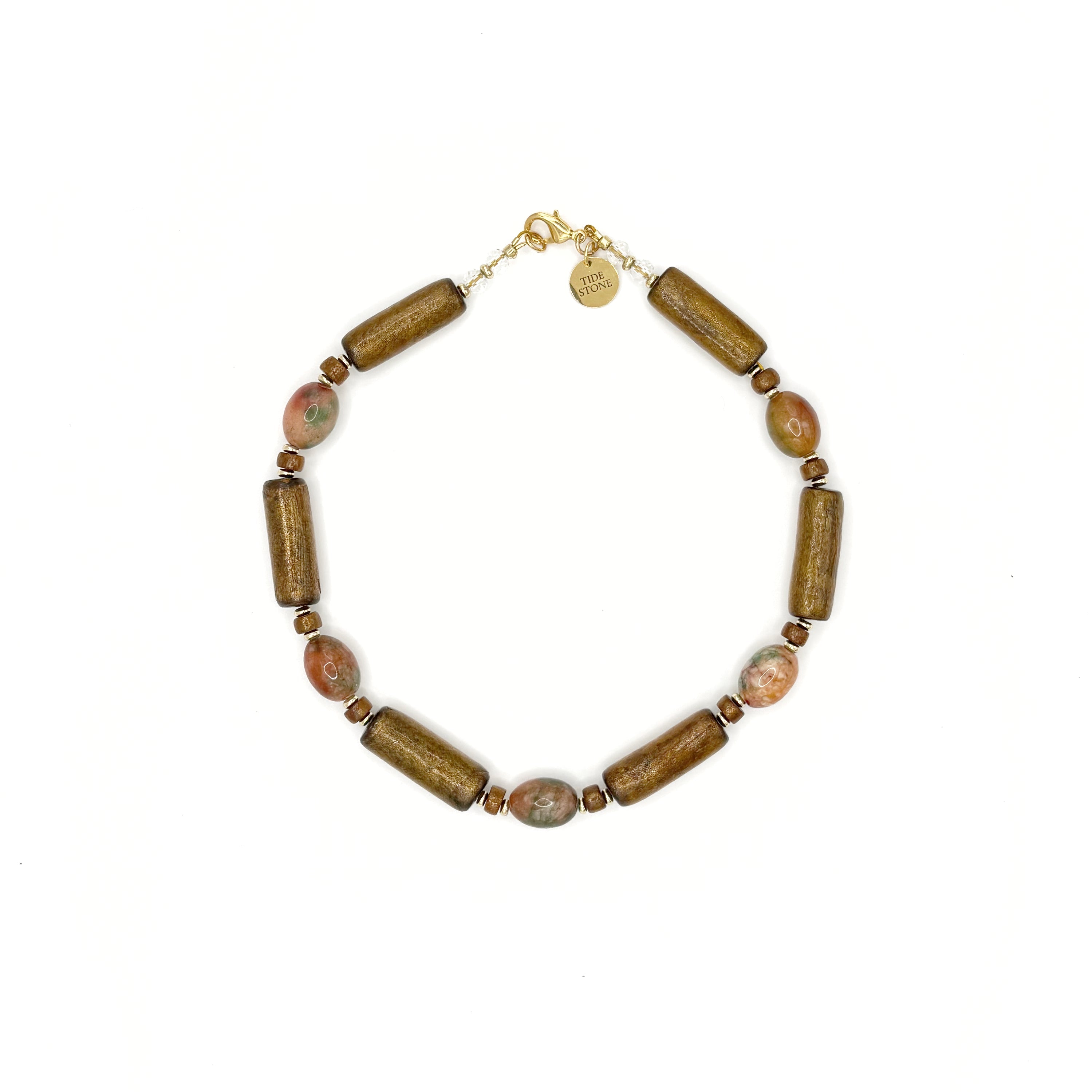 Collar Dorada – TideStone, collar artesanal de unakita y madera dorada hecho a mano en España